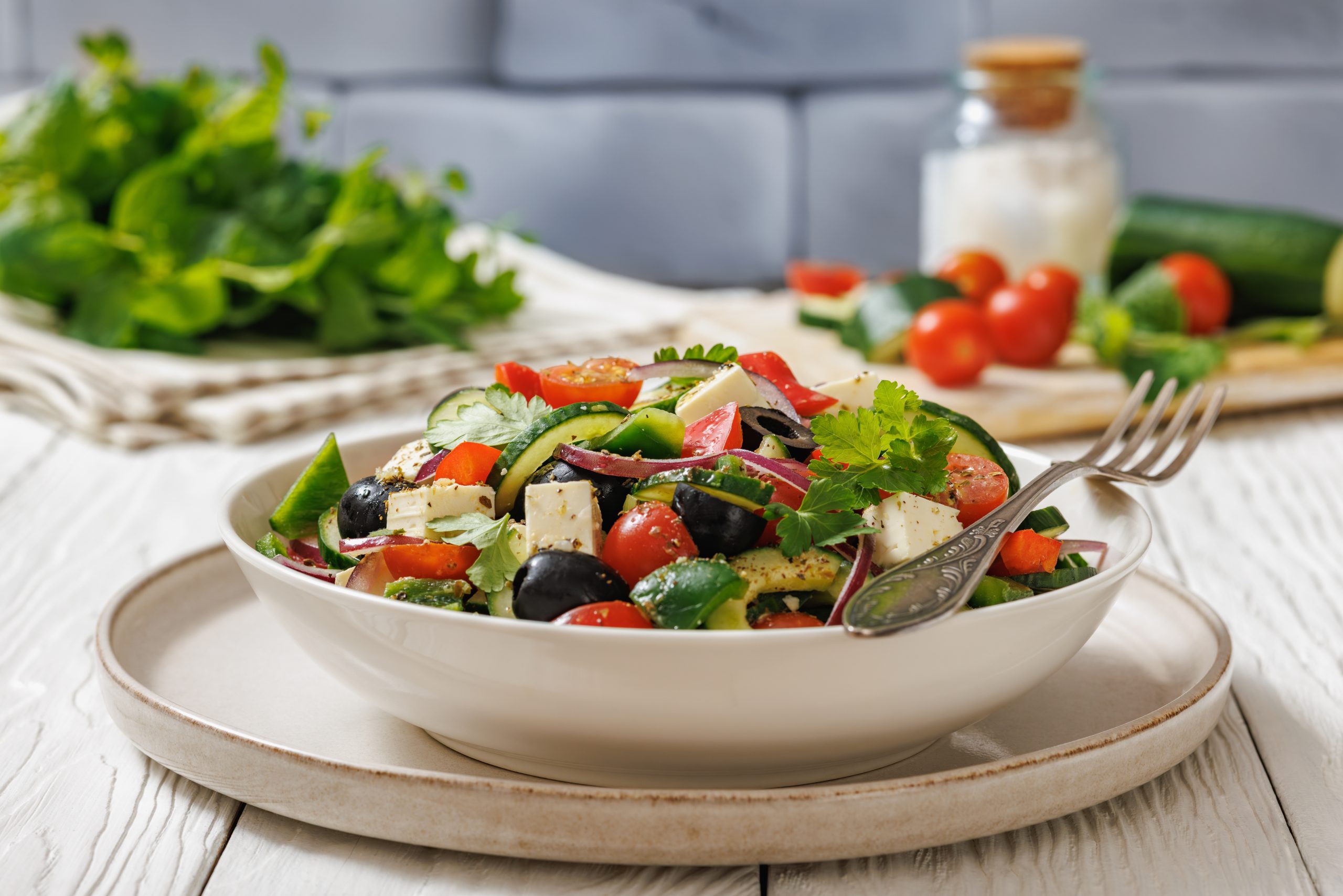 Greek,Salad,Of,Cucumber,,Olives,,Red,And,Green,Pepper,,Goat