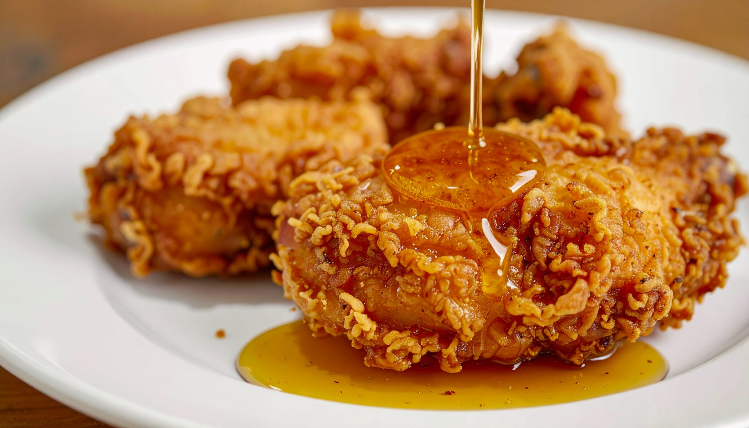 Crispy,Fried,Chicken,Drizzled,With,Honey,On,White,Plate,,Sweet
