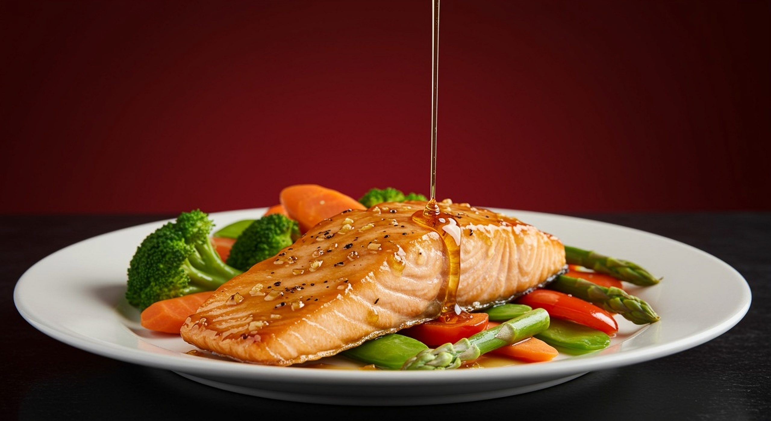 Honey,Garlic,Glazed,Salmon,With,Vegetables,In,A,White,Plate,